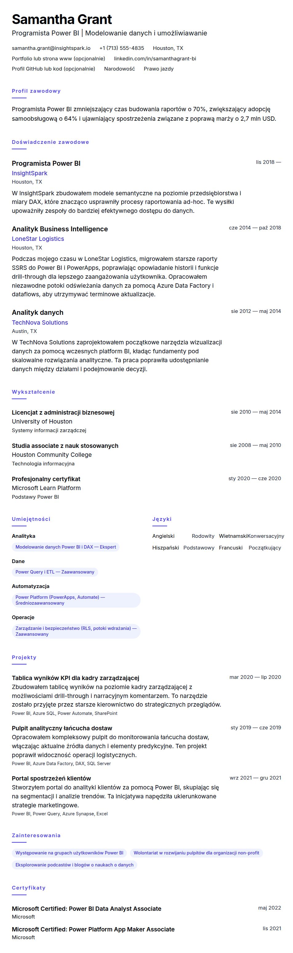 Podgląd CV Przykład CV Programisty Power BI
