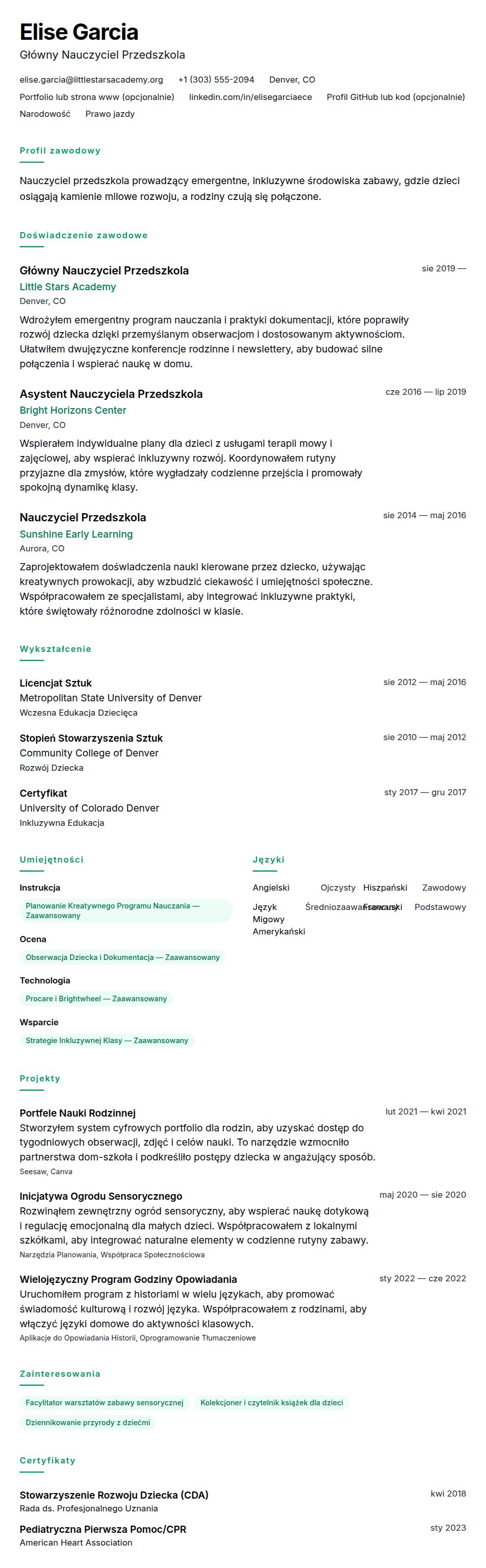 Podgląd CV Przykładowe CV Nauczyciela Przedszkola