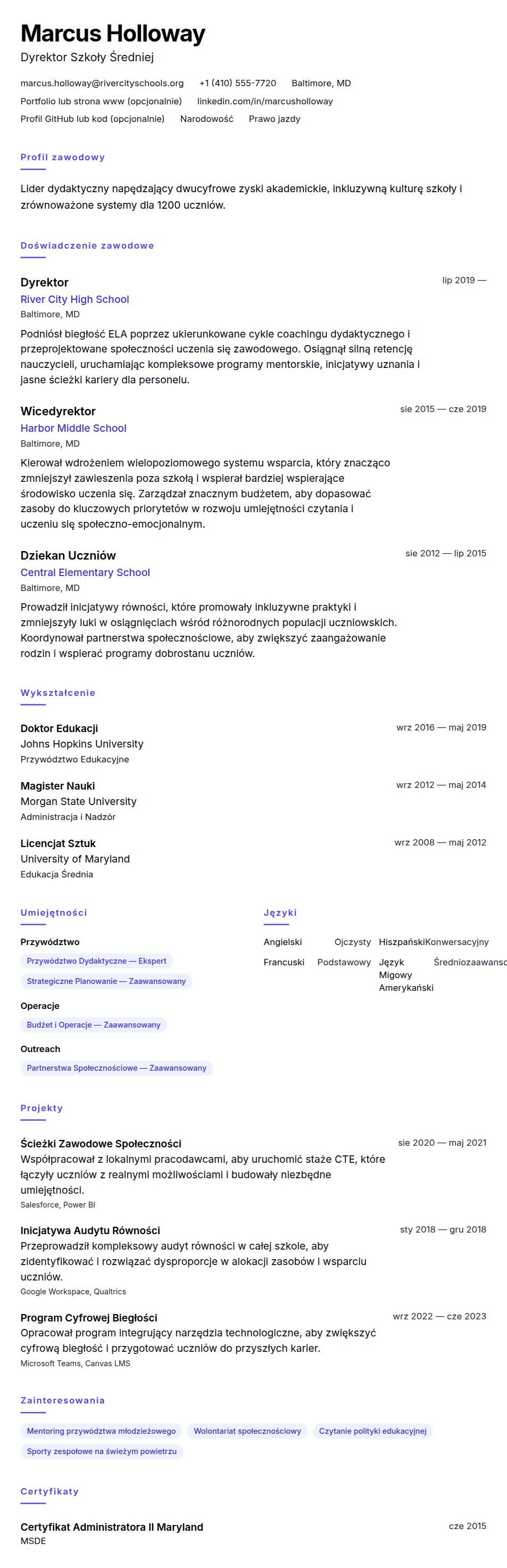Podgląd CV Przykładowe CV Dyrektora