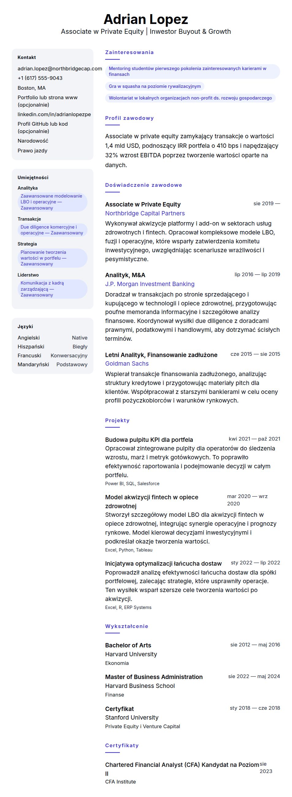 Podgląd CV Przykład CV Associate w Private Equity