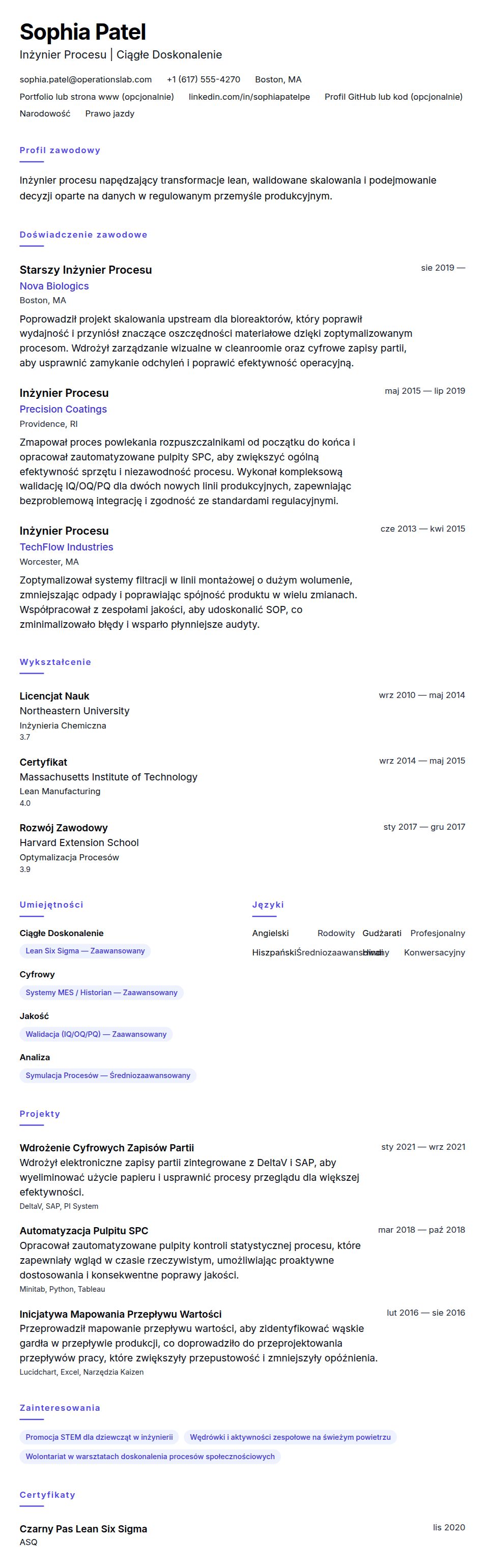 Podgląd CV Przykładowe CV Inżyniera Procesu