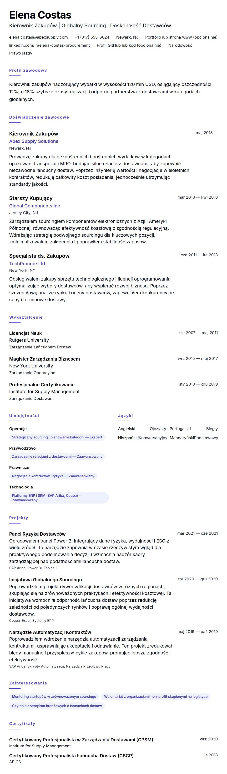 Podgląd CV Przykładowe CV Kierownika Zakupów