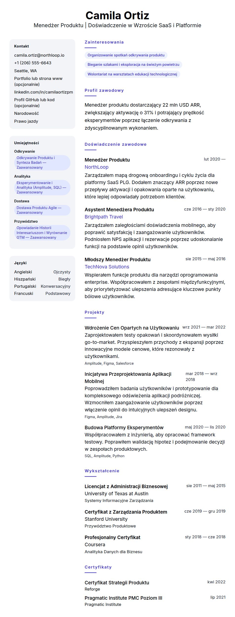 Podgląd CV Przykład CV Menedżera Produktu