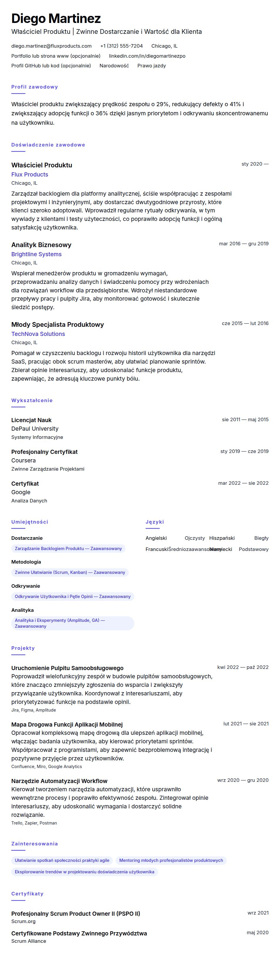 Podgląd CV Przykład CV Właściciela Produktu