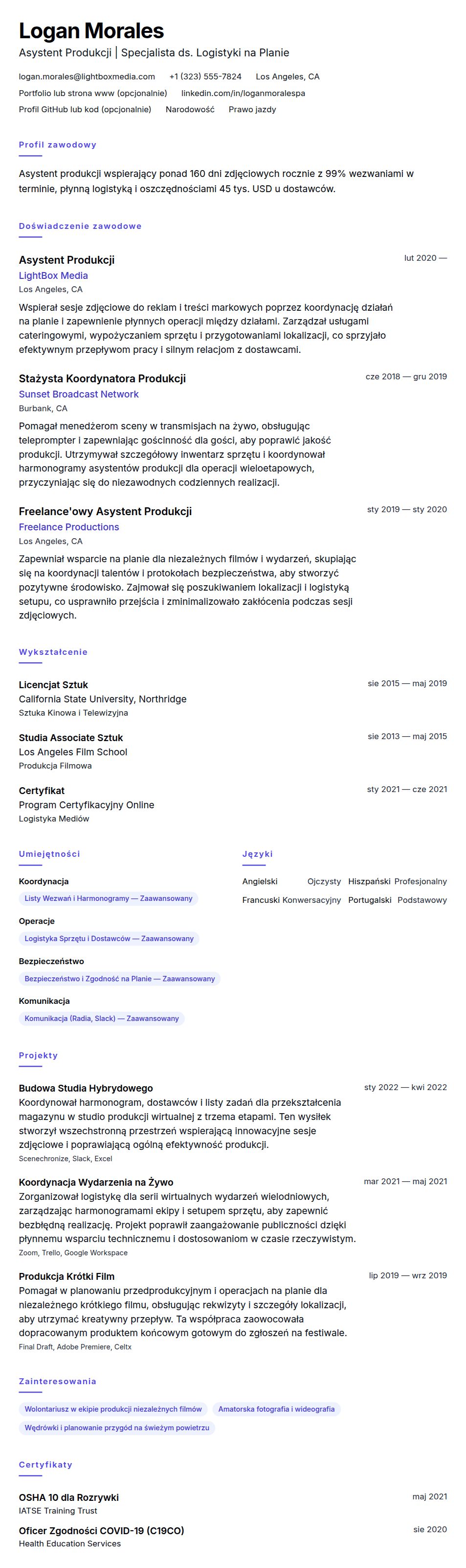 Podgląd CV Przykład CV Asystenta Produkcji