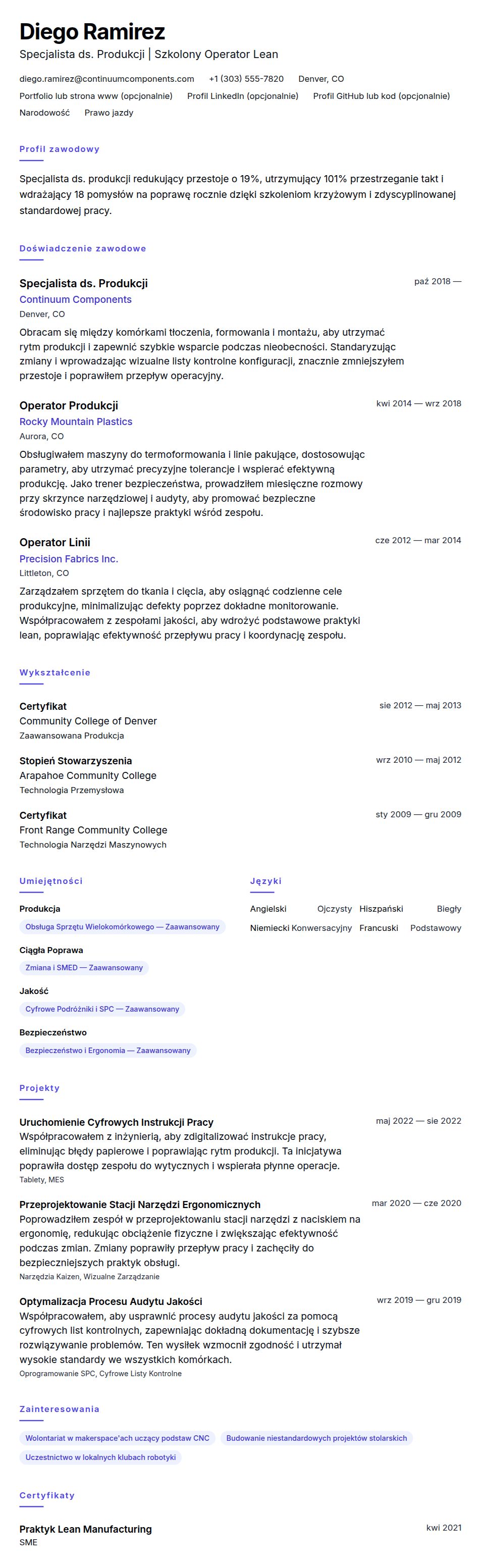 Podgląd CV Przykładowe CV Specjalisty ds. Produkcji