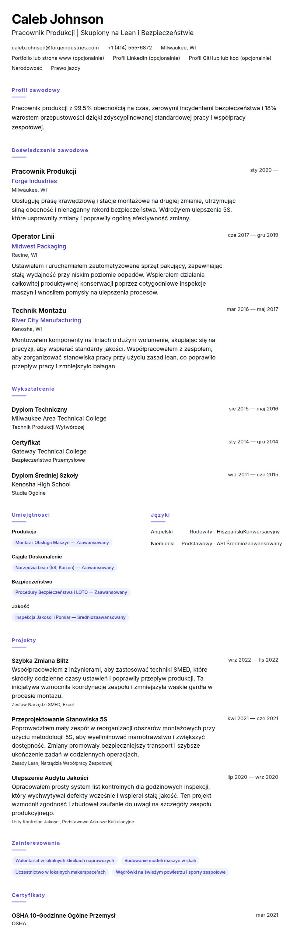 Podgląd CV Przykładowe CV Pracownika Produkcji