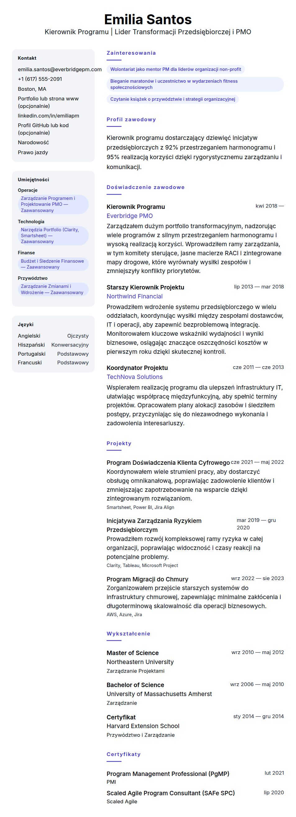 Podgląd CV Przykład CV Kierownika Programu
