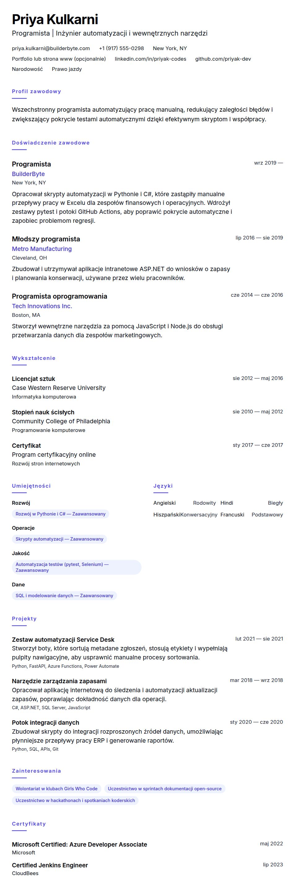 Podgląd CV Przykładowe CV programisty