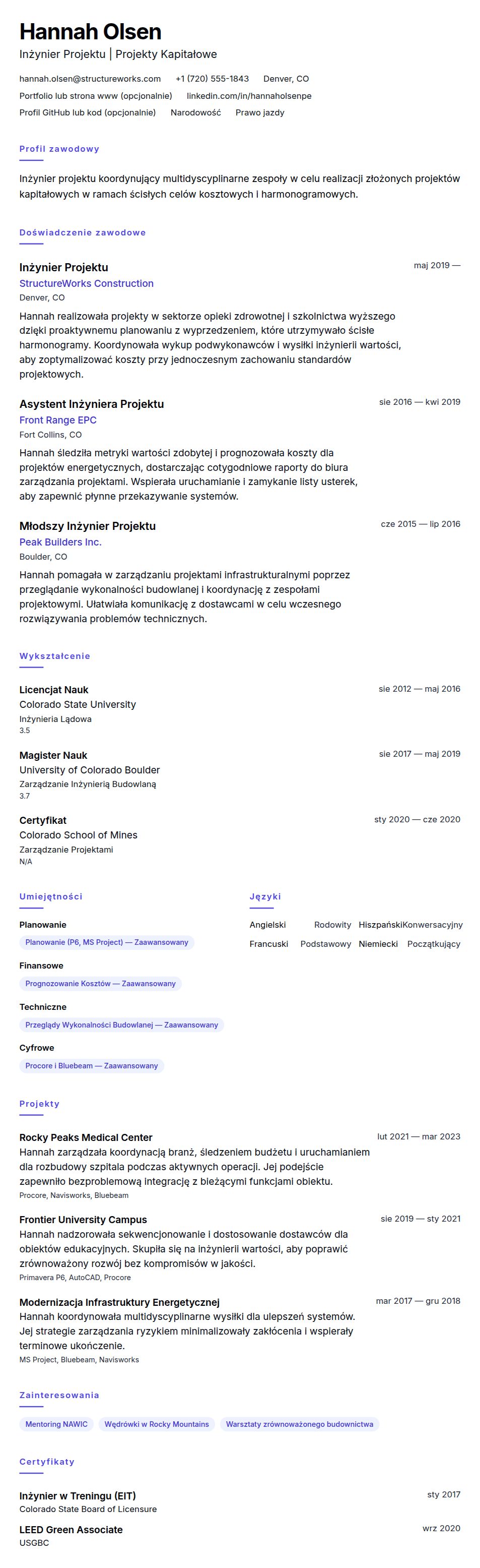 Podgląd CV Przykładowe CV Inżyniera Projektu