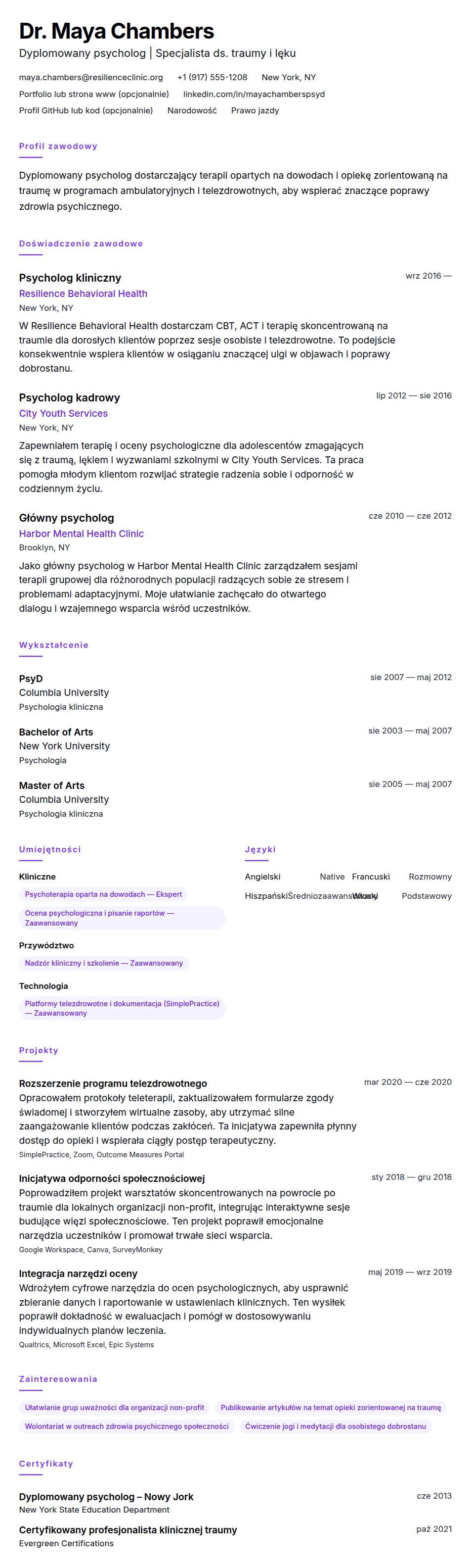 Podgląd CV Przykładowe CV psychologa