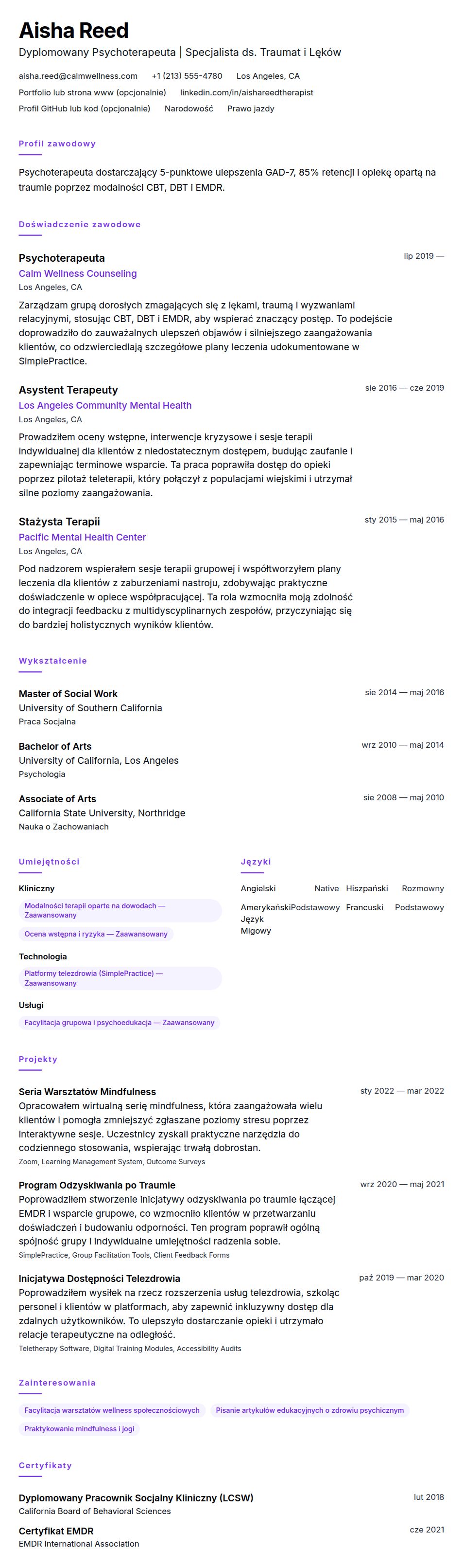 Podgląd CV Przykładowe CV Psychoterapeuty