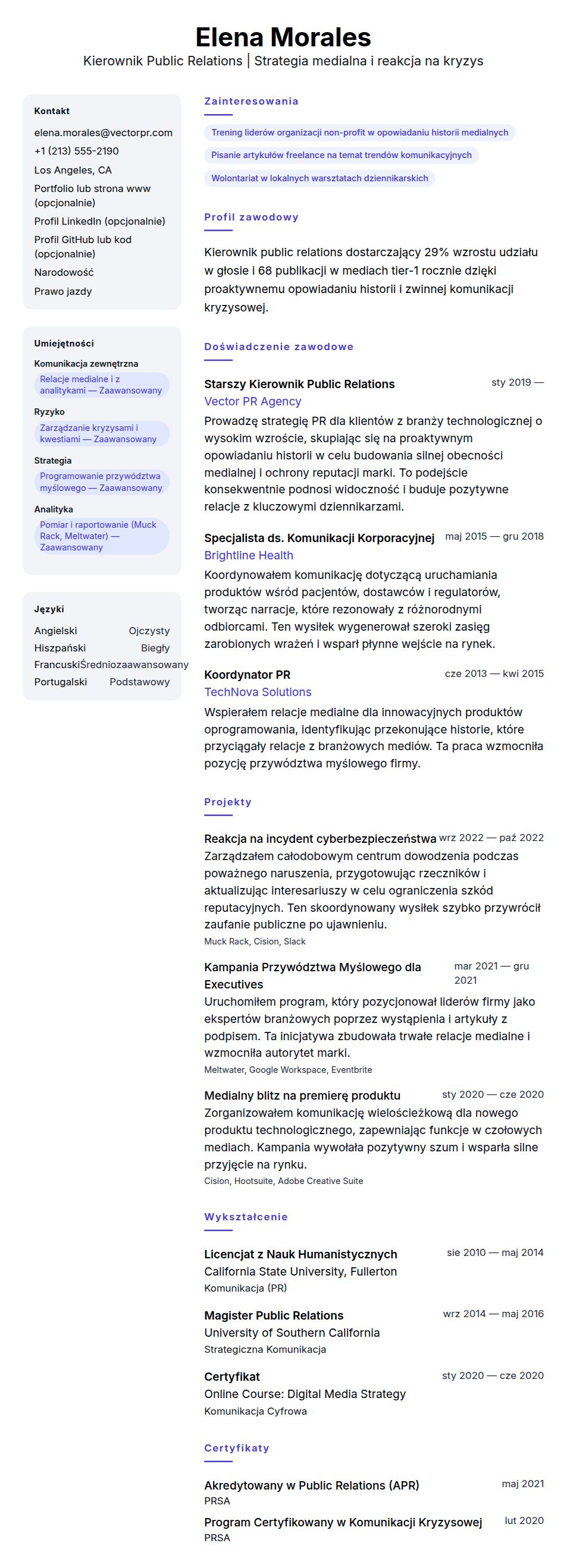 Podgląd CV Przykładowe CV Kierownika Public Relations
