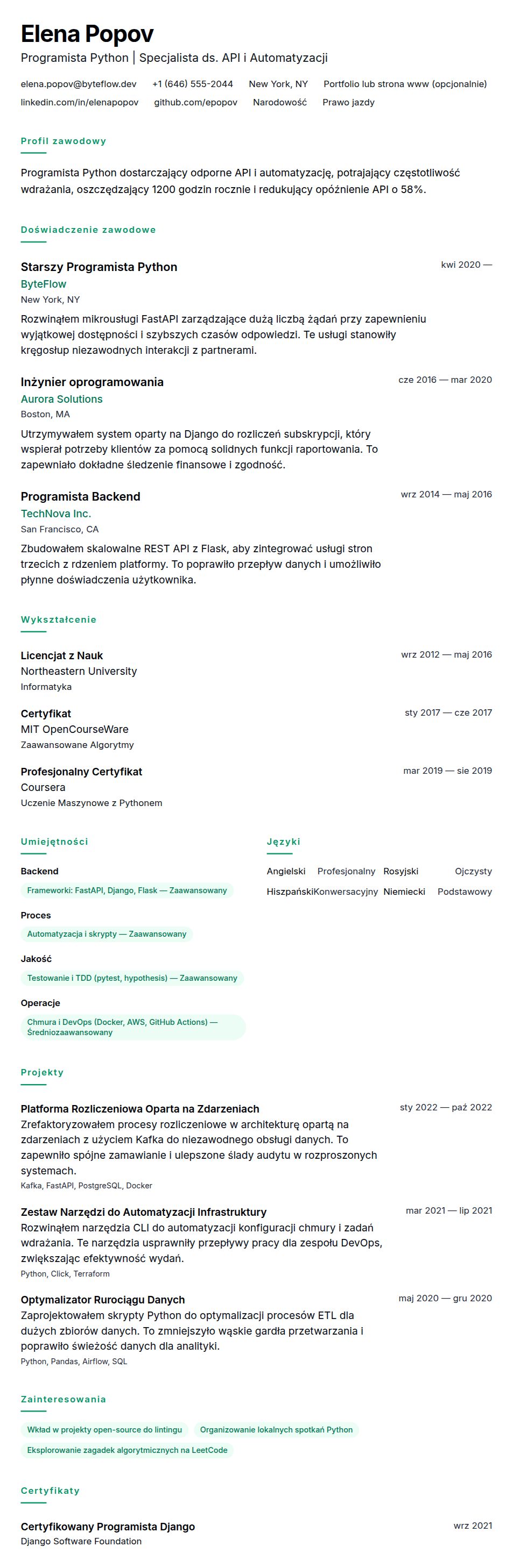 Podgląd CV Przykładowe CV Programisty Python