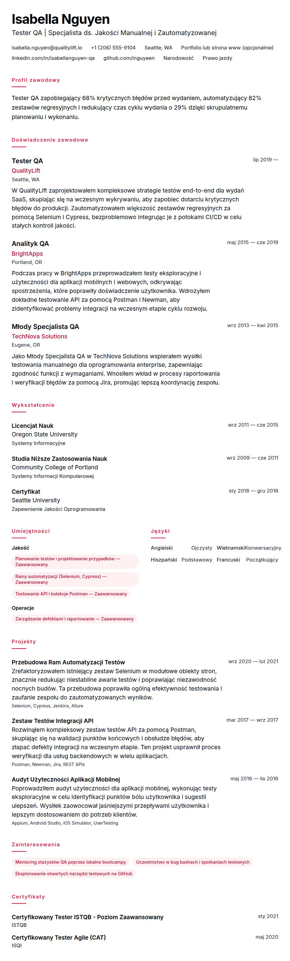 Podgląd CV Przykładowe CV Testera QA