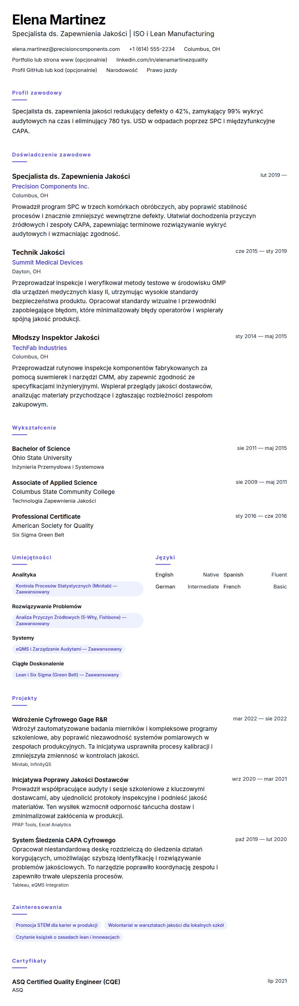 Podgląd CV Przykładowe CV Specjalisty ds. Zapewnienia Jakości