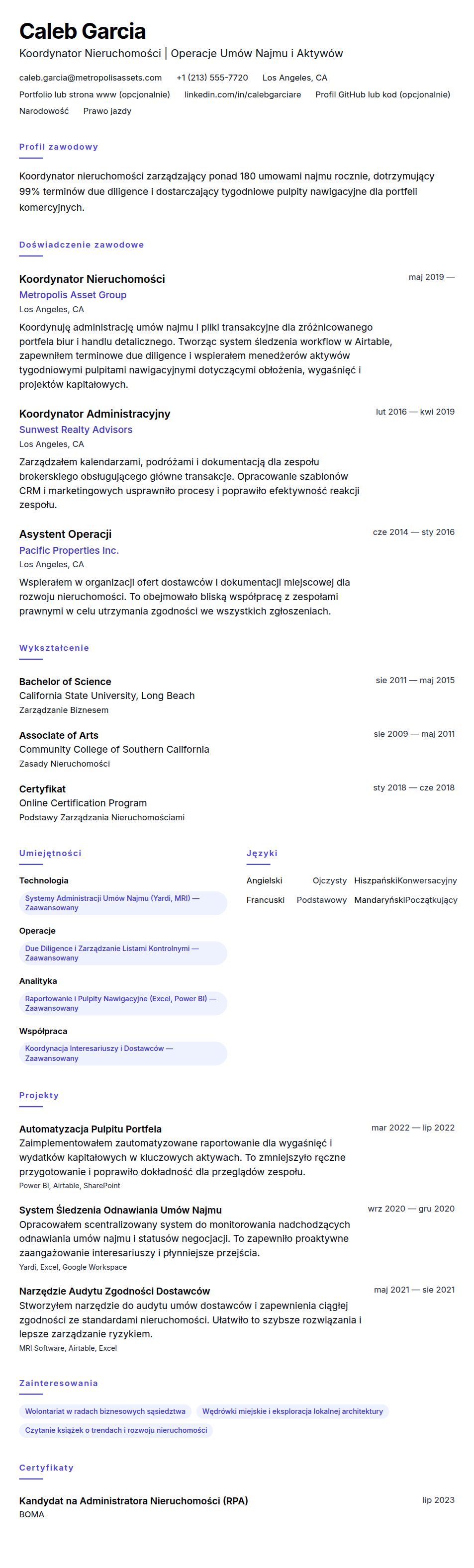 Podgląd CV Przykładowe CV Koordynatora Nieruchomości