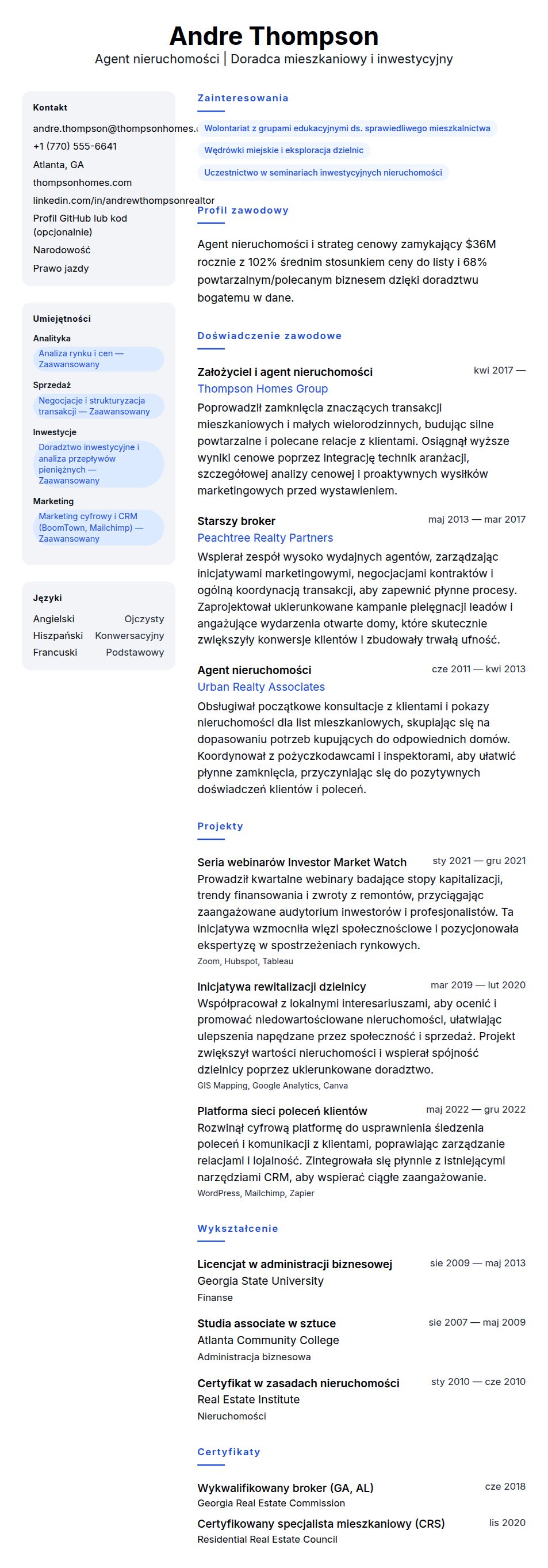 Przykład CV agenta nieruchomości