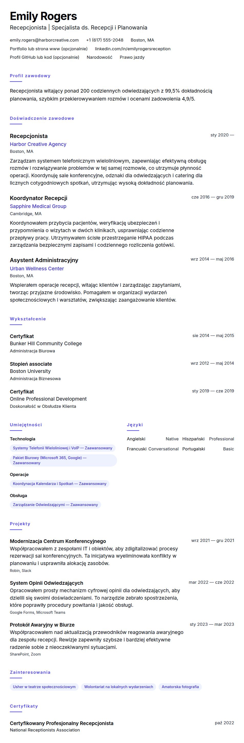 Podgląd CV Przykładowe CV Recepcjonisty