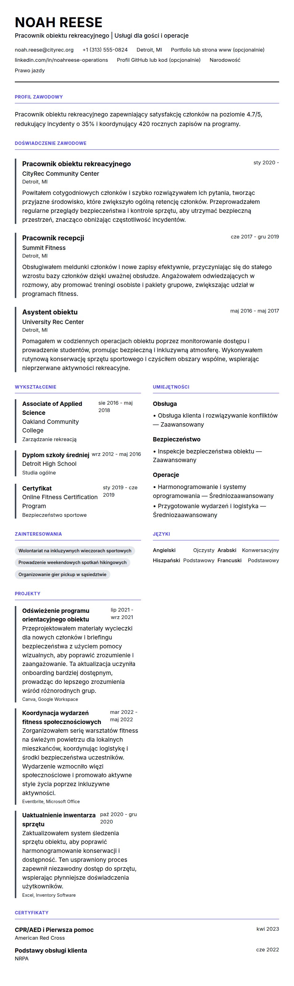 Przykład CV Pracownika Obiektu Rekreacyjnego