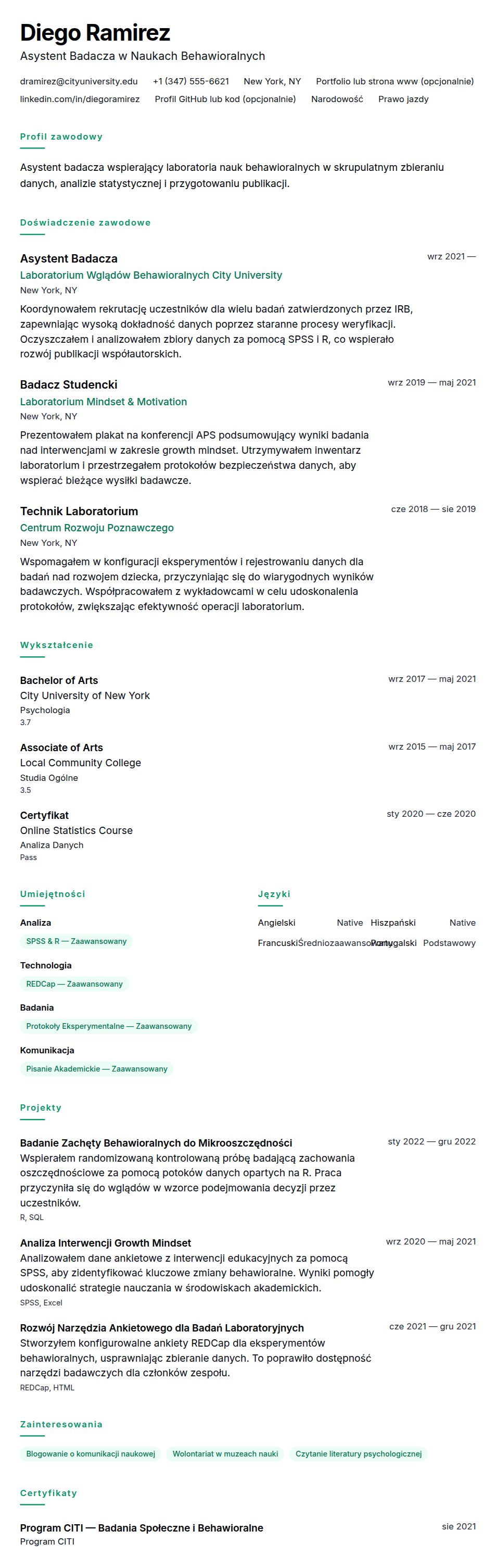 Podgląd CV Przykładowe CV Asystenta Badacza