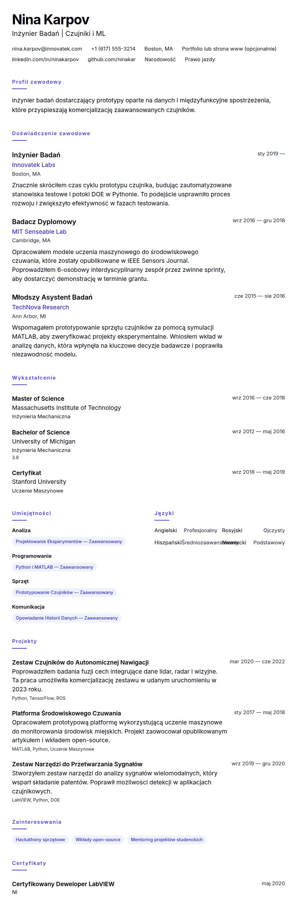 Podgląd CV Przykładowe CV Inżyniera Badań
