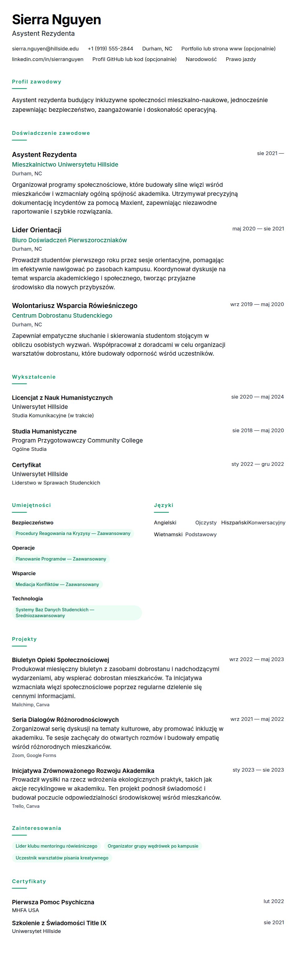 Podgląd CV Przykładowe CV Asystenta Rezydenta