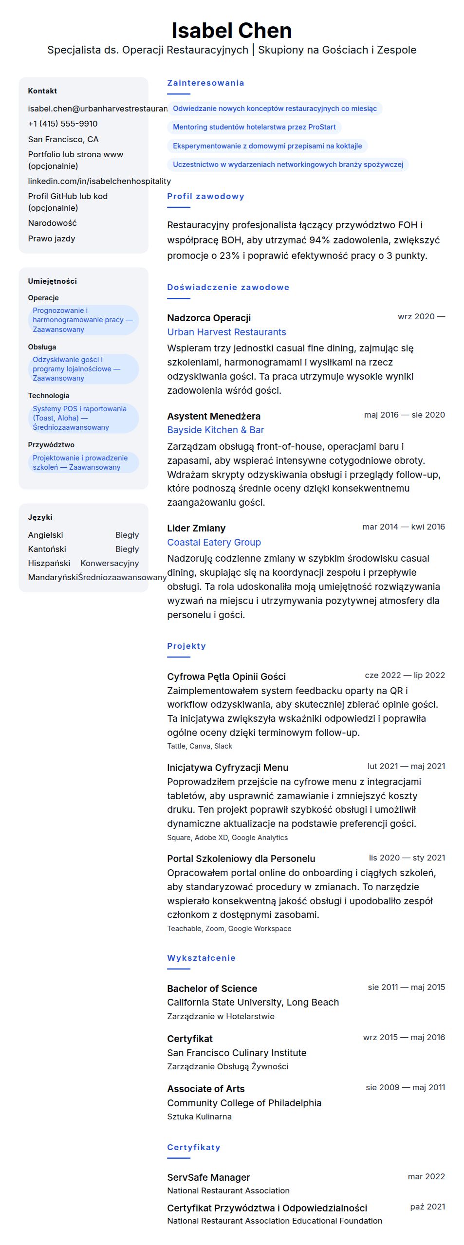 Podgląd CV Przykładowe CV Restauracyjnego Profesjonalisty