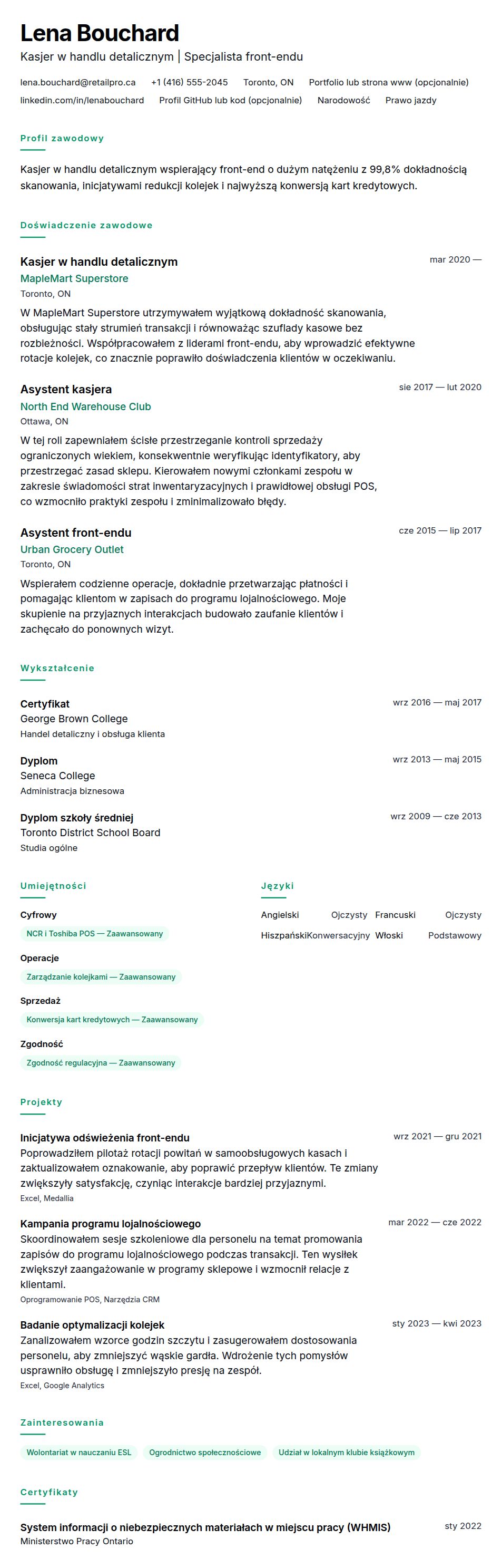 Podgląd CV Przykładowe CV kasjera w handlu detalicznym