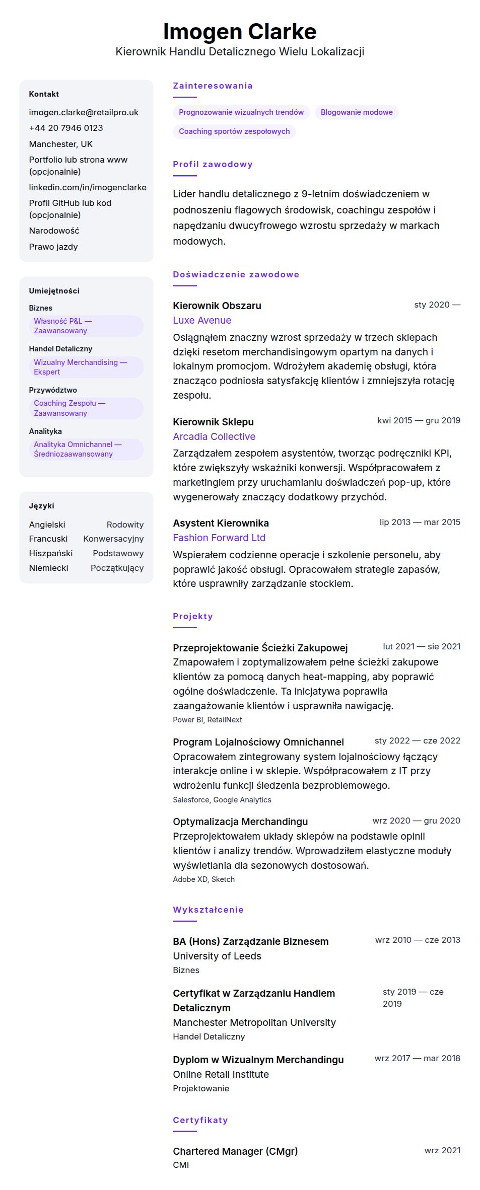 Podgląd CV Przykład CV Kierownika Handlu Detalicznego