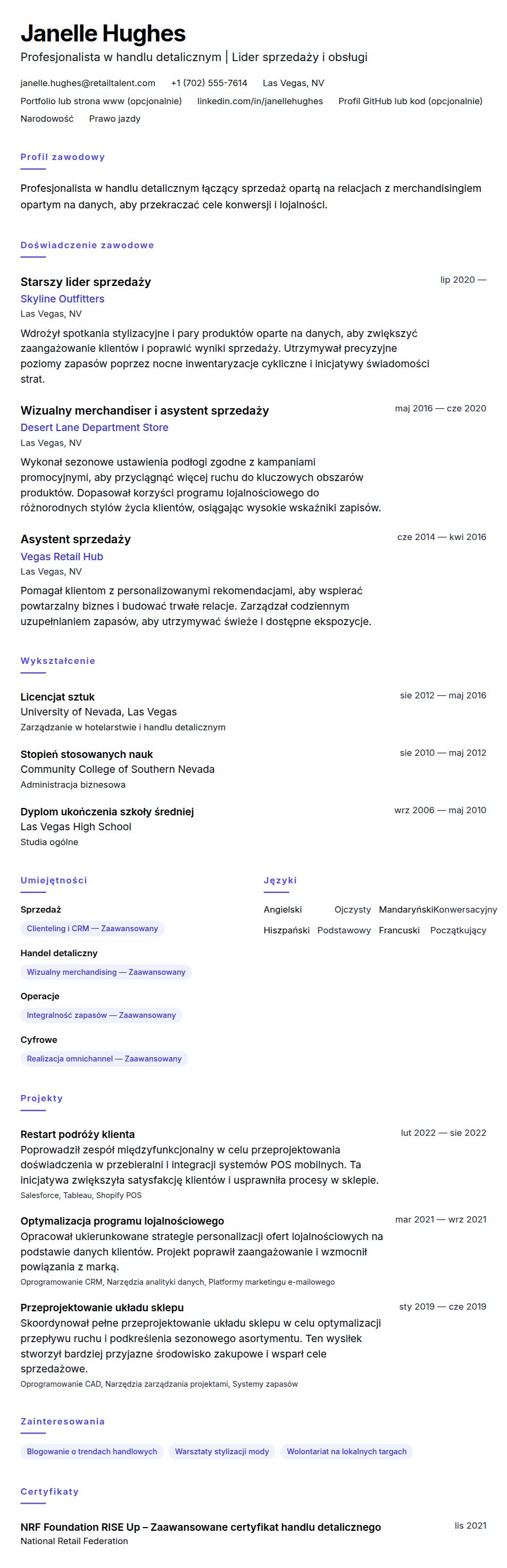 Podgląd CV Przykład CV dla profesjonalisty w handlu detalicznym