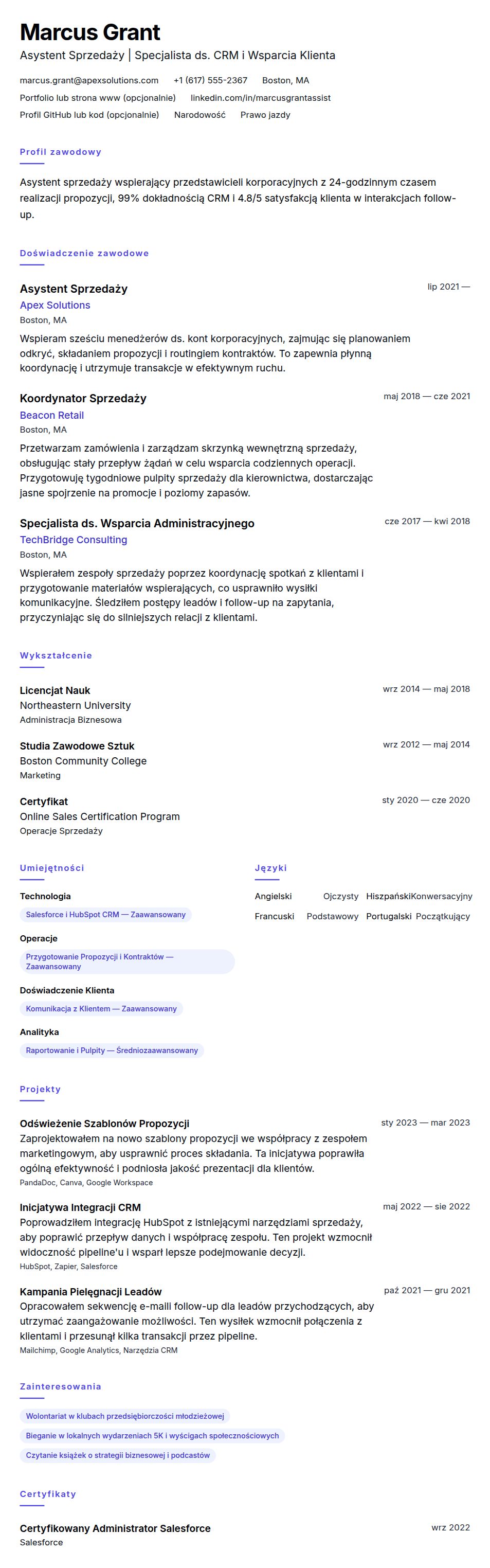 Podgląd CV Przykładowe CV Asystenta Sprzedaży