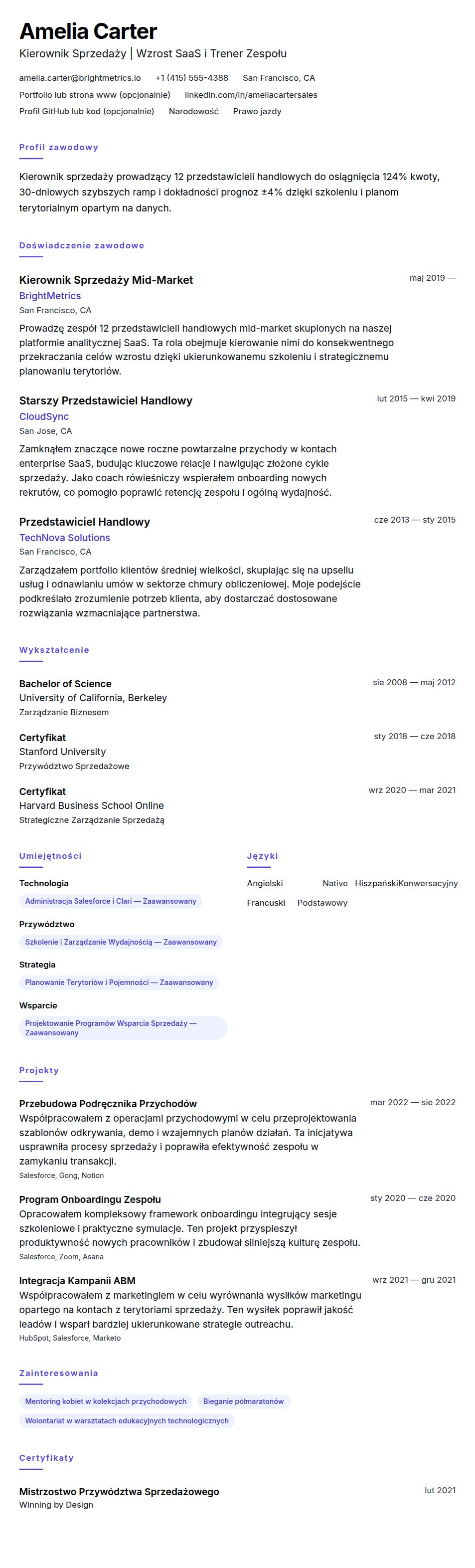 Podgląd CV Przykład CV Kierownika Sprzedaży