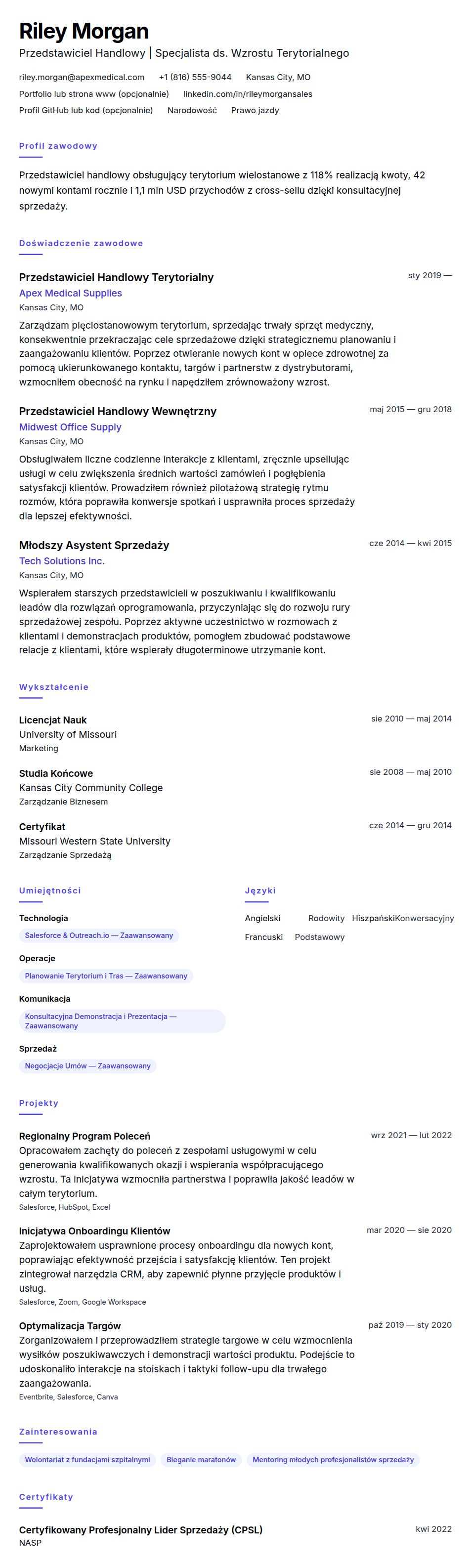 Przykład CV Przedstawiciela Handlowego