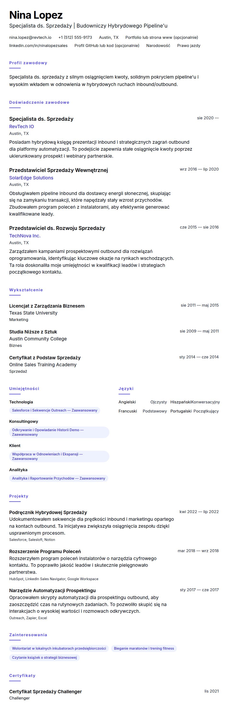 Podgląd CV Przykładowe CV Specjalisty ds. Sprzedaży