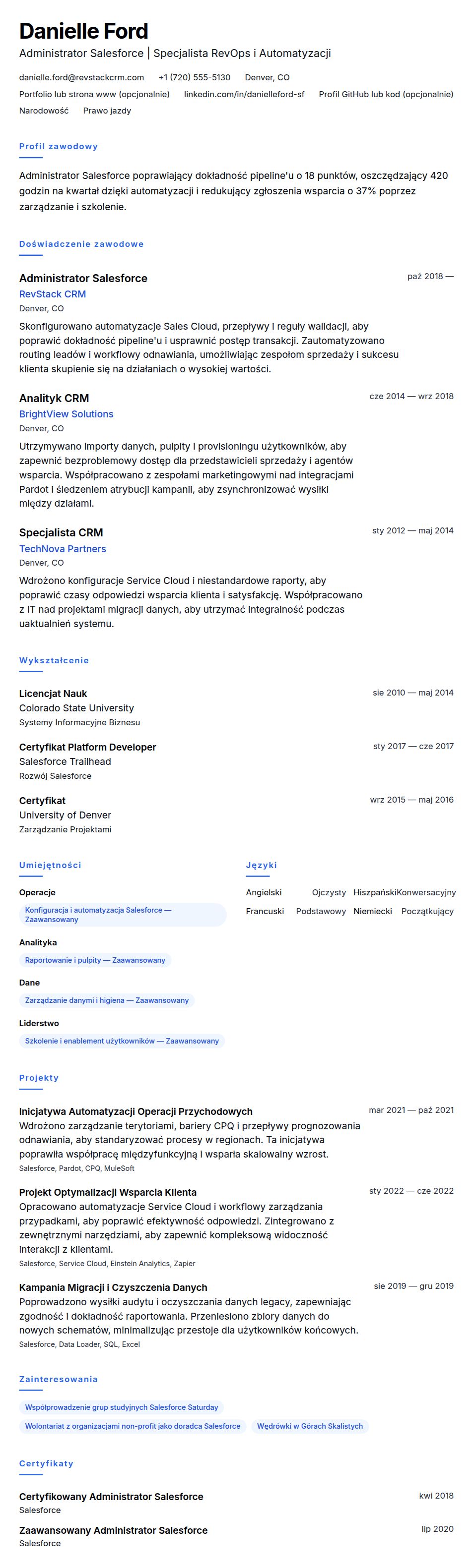 Podgląd CV Przykład CV Administratora Salesforce