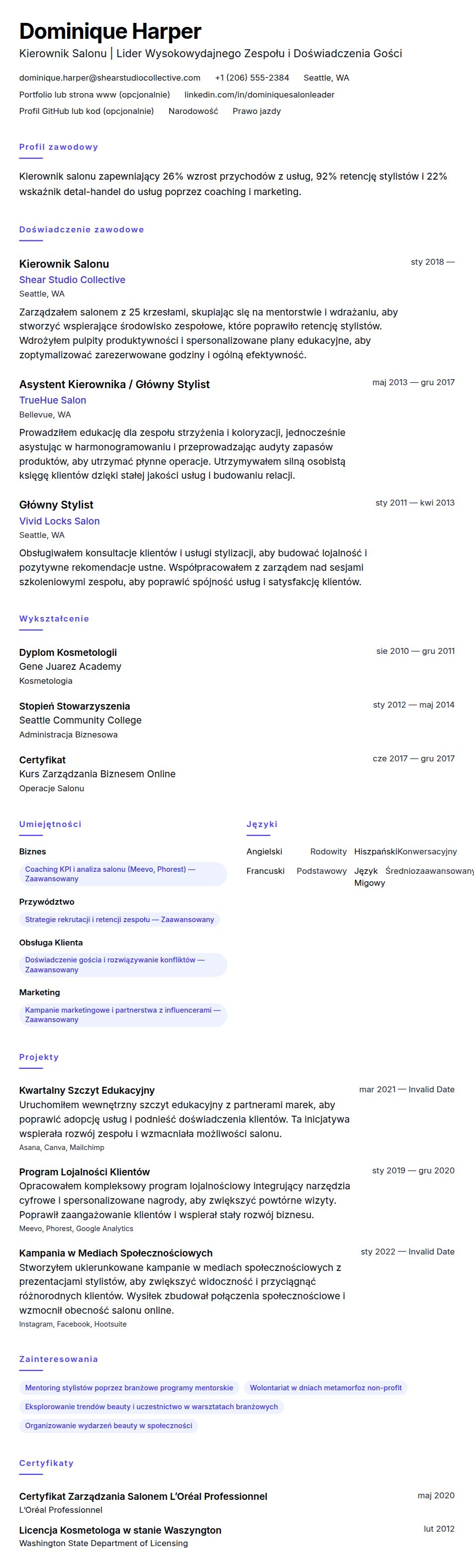Podgląd CV Przykładowe CV Kierownika Salonu