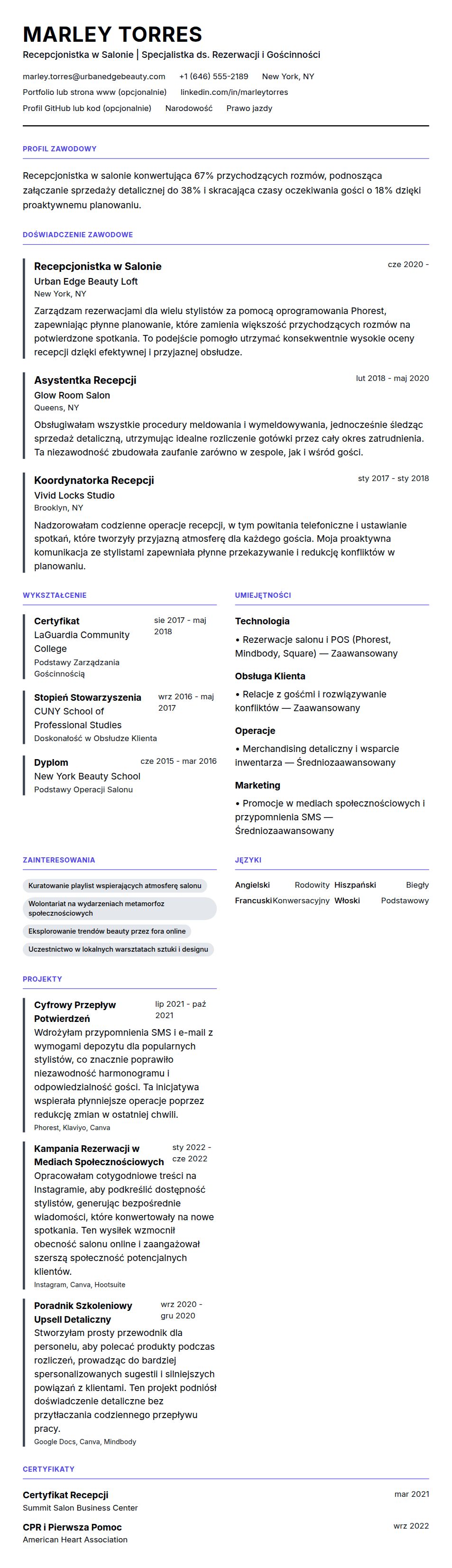 Podgląd CV Przykład CV Recepcjonistki w Salonie