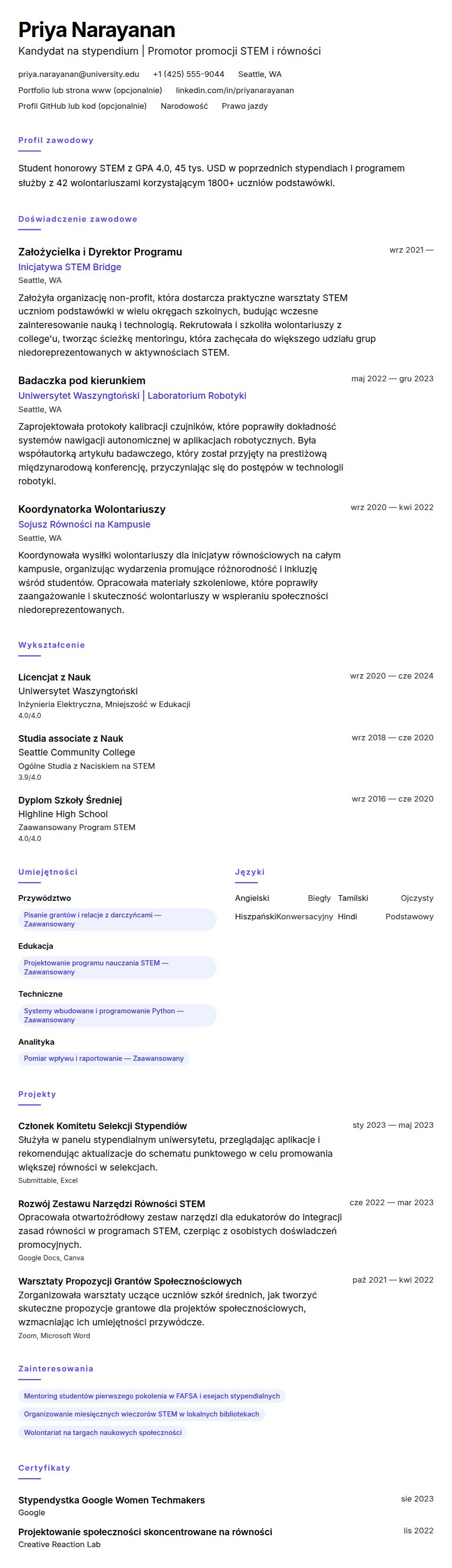 Podgląd CV Przykładowe CV na stypendium