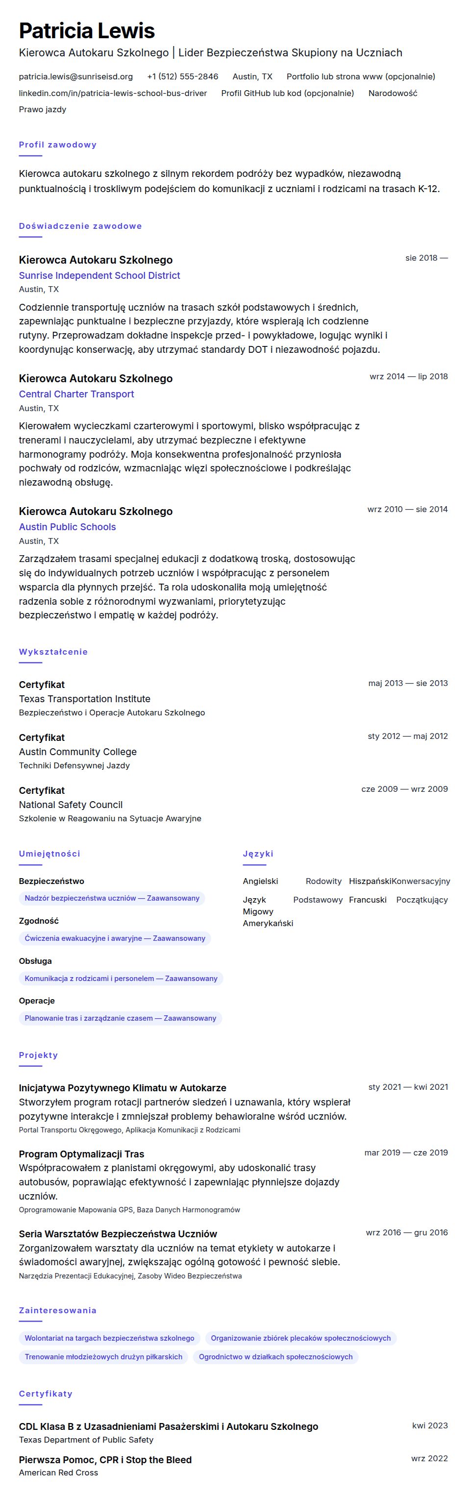Podgląd CV Przykładowe CV Kierowcy Autokaru Szkolnego