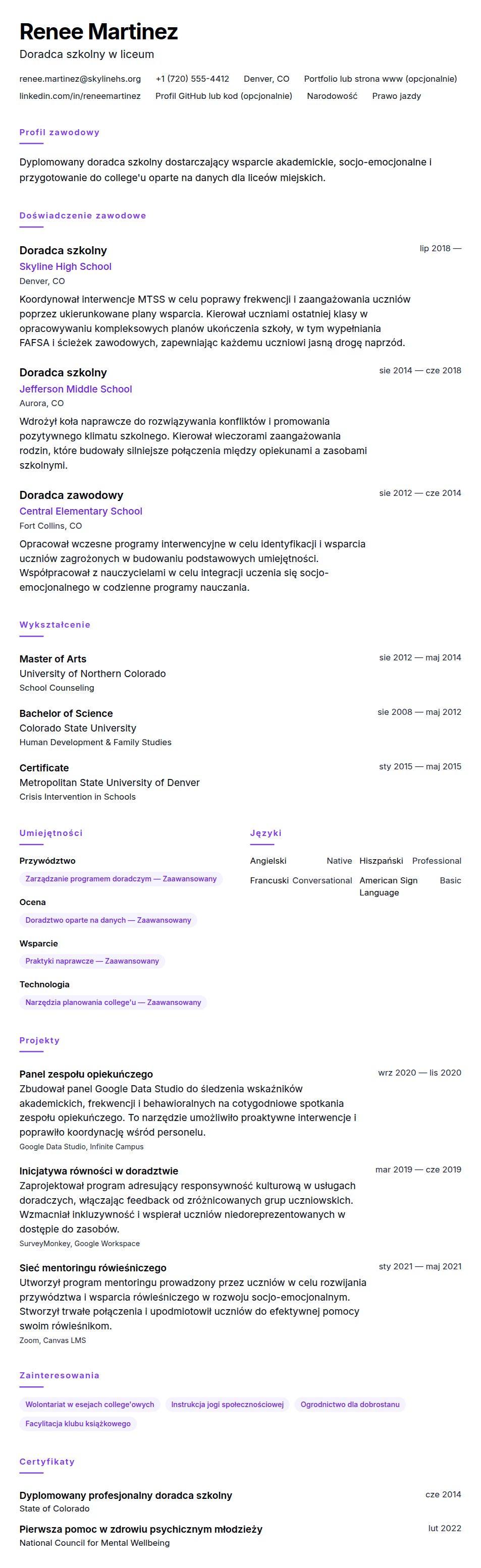 Podgląd CV Przykładowe CV doradcy szkolnego
