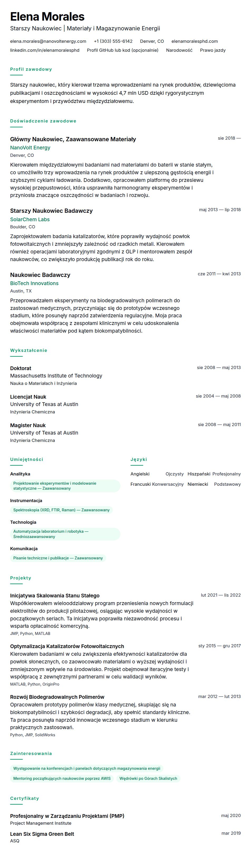Podgląd CV Przykład CV Naukowca