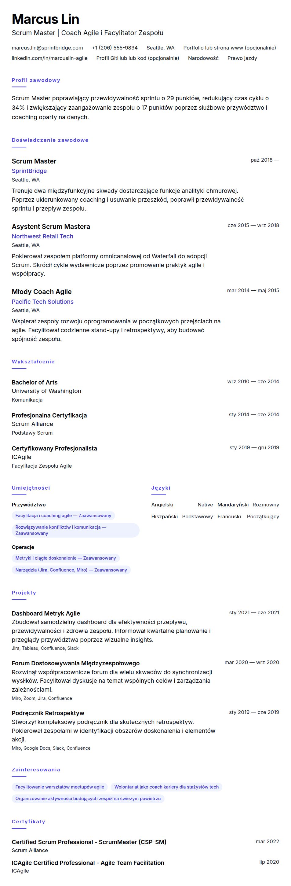 Podgląd CV Przykład CV Scrum Mastera