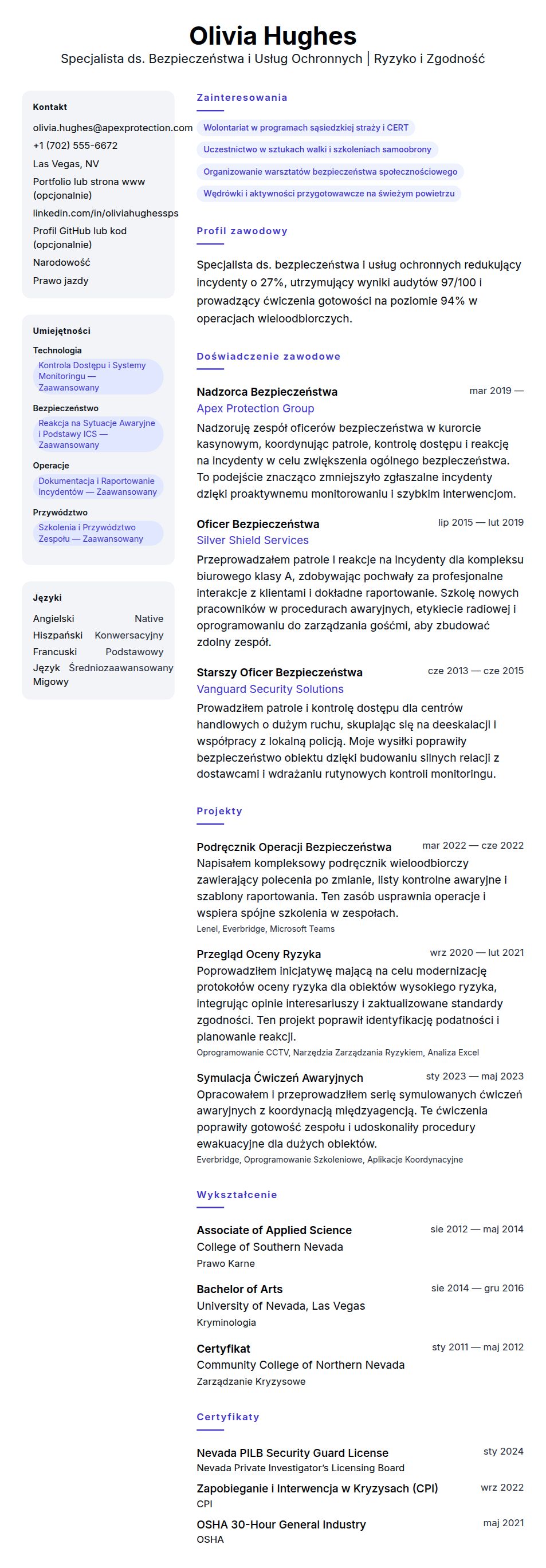Przykładowe CV Specjalisty ds. Bezpieczeństwa i Usług Ochronnych