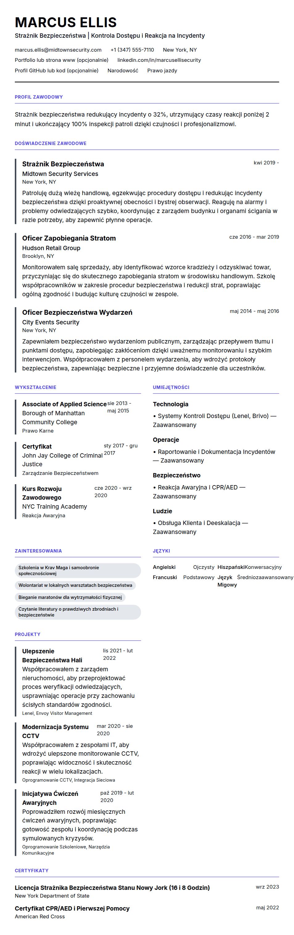 Przykładowe CV Strażnika Bezpieczeństwa