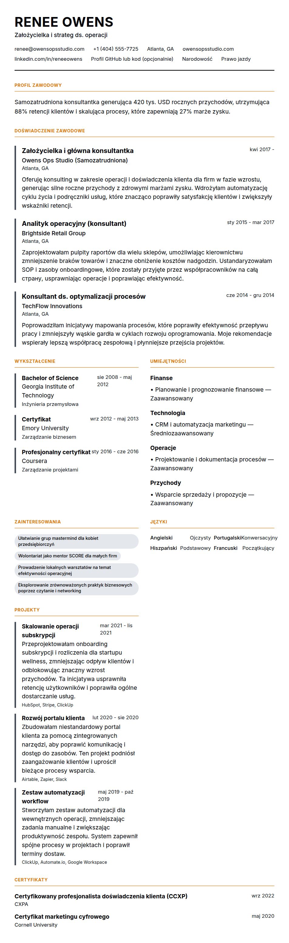 Podgląd CV Przykładowe CV samozatrudnionego profesjonalisty