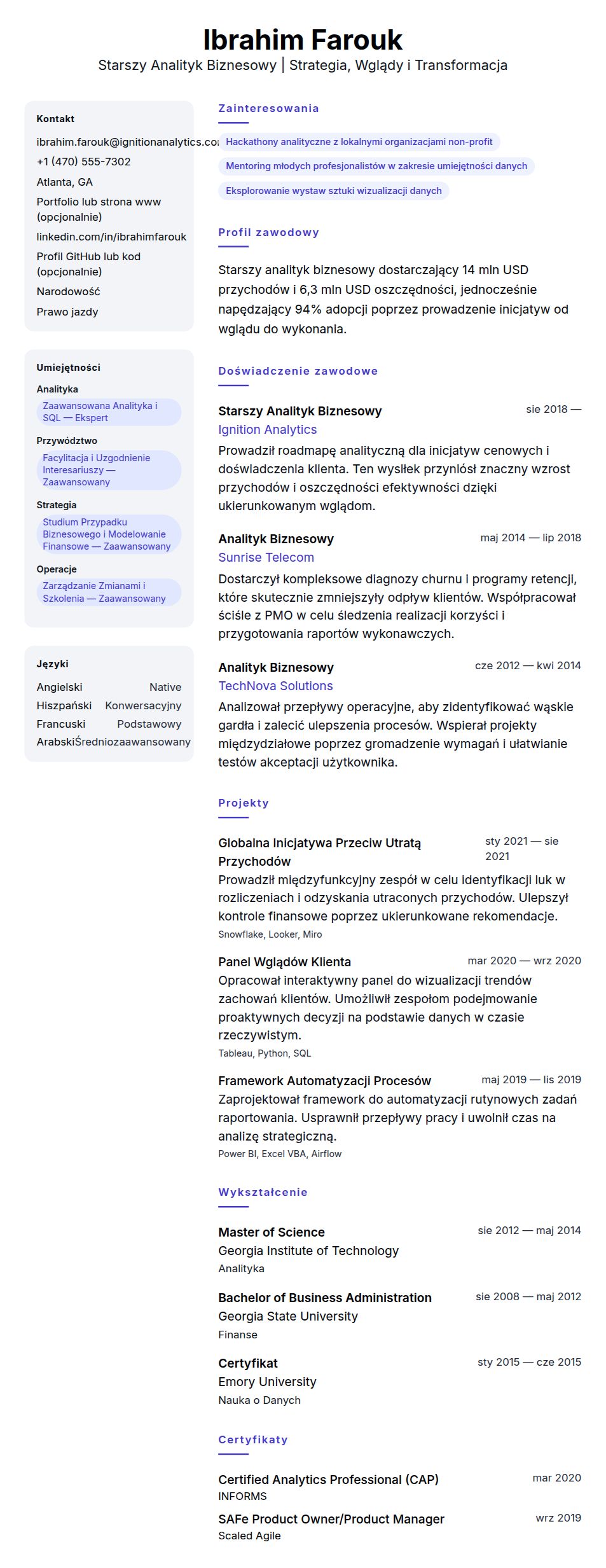 Podgląd CV Przykładowe CV Starszego Analityka Biznesowego