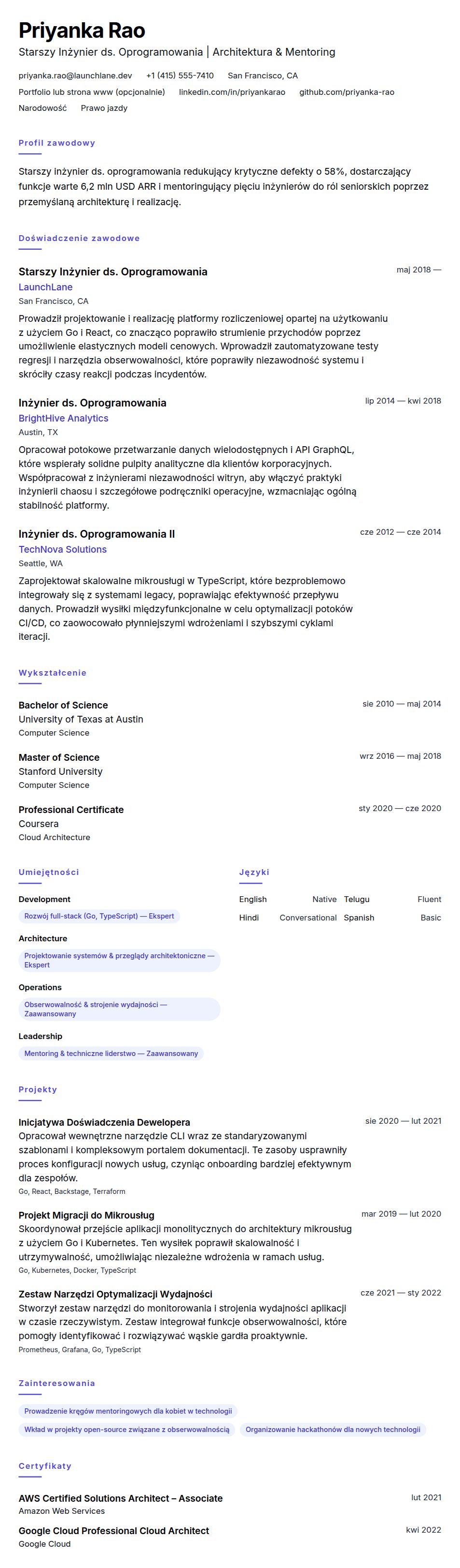 Podgląd CV Przykładowe CV Starszego Inżyniera ds. Oprogramowania