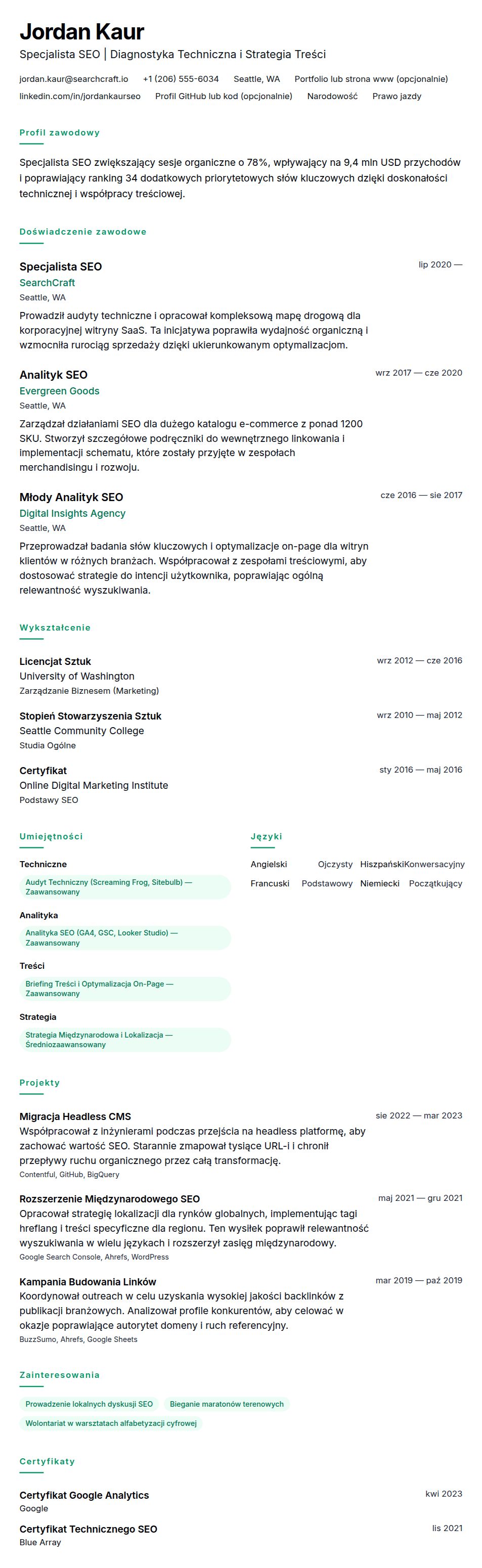 Podgląd CV Przykład CV Specjalisty SEO