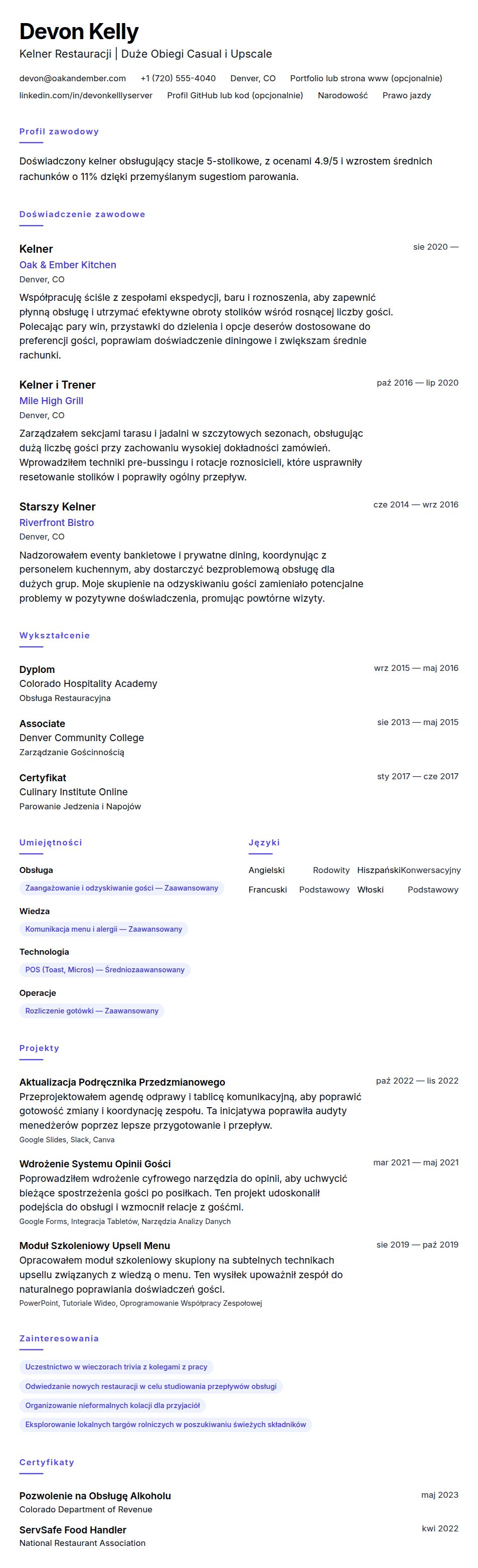 Przykładowe CV Kelnera